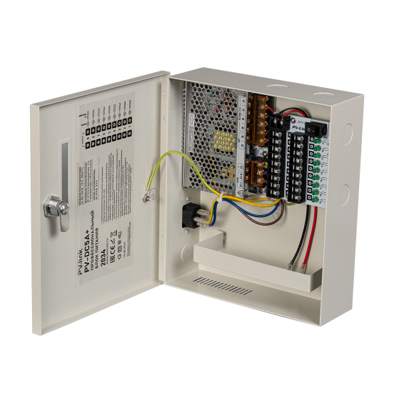 PV-DC5A+ - блок бесперебойного питания DC 12-14,5 В, 5 А, 9 индивидуальных выходов с предохранителями, стабилизированный, ver. 2034